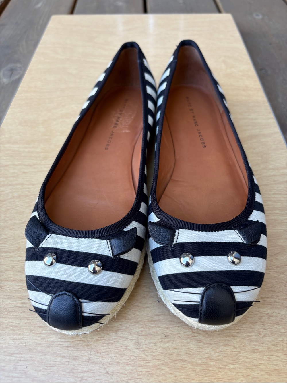 Marc By Marc Jacobs Striped Canvas Mouse Espadrille Ballet Flats In Cream/Black